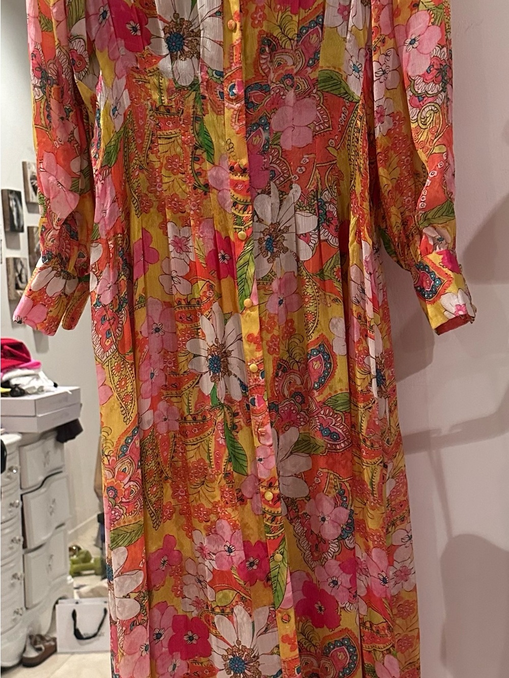 HEMANT & NANDITA Pink, Yellow & White Floral Long-Sleeve Maxi Dress